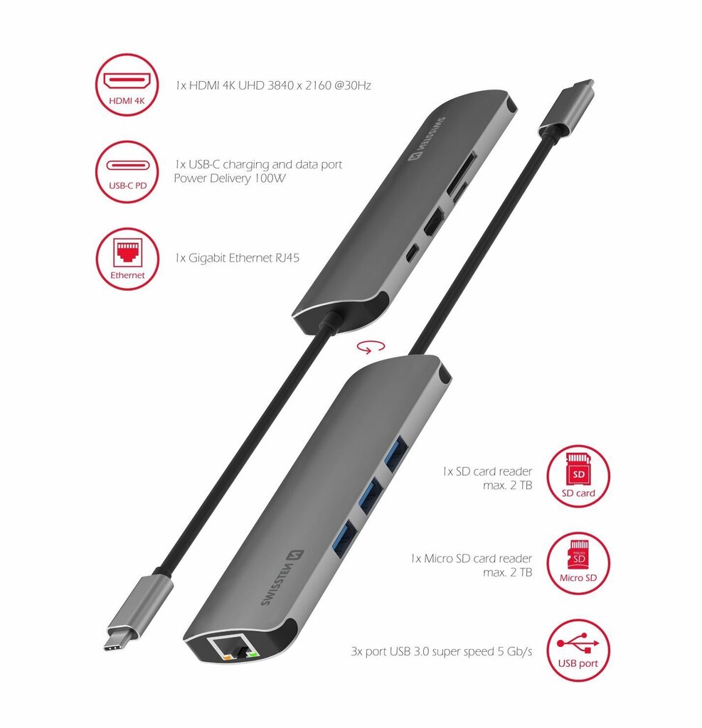 Swissten USB-C Hub 8in1 with 3X USB 3.0 / 1X USB-C Power Delivery / 1X microSD / 1X SD / 1x HDMI 4K / 1x LAN RJ45 / Aluminum body hinta ja tiedot | Adapterit | hobbyhall.fi