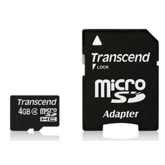 Transcend 4GB microSDHC, luokka 4 ja SD-sovitin hinta ja tiedot | Puhelimen muistikortit | hobbyhall.fi