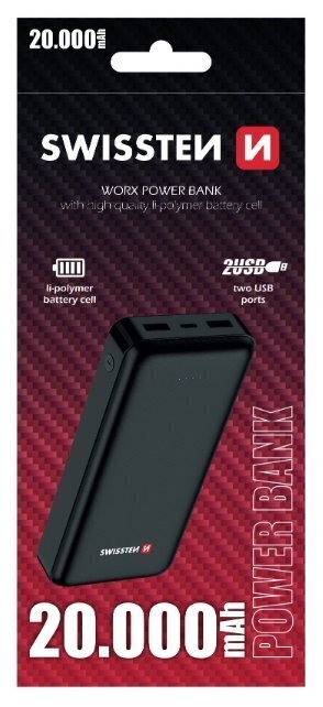 Swissten Worx Power Portable Power Bank 2x 2.4А USB / Smart IC / 20000 mAh / Black hinta ja tiedot | Varavirtalähteet | hobbyhall.fi