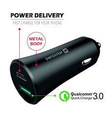 Swissten Metal Car Charger Adapter with Power Delivery USB-C + Quick Charge 3.0 / 36W / Black hinta ja tiedot | Puhelimen laturit | hobbyhall.fi
