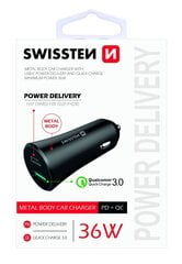 Swissten Metal Car Charger Adapter with Power Delivery USB-C + Quick Charge 3.0 / 36W / Black hinta ja tiedot | Puhelimen laturit | hobbyhall.fi