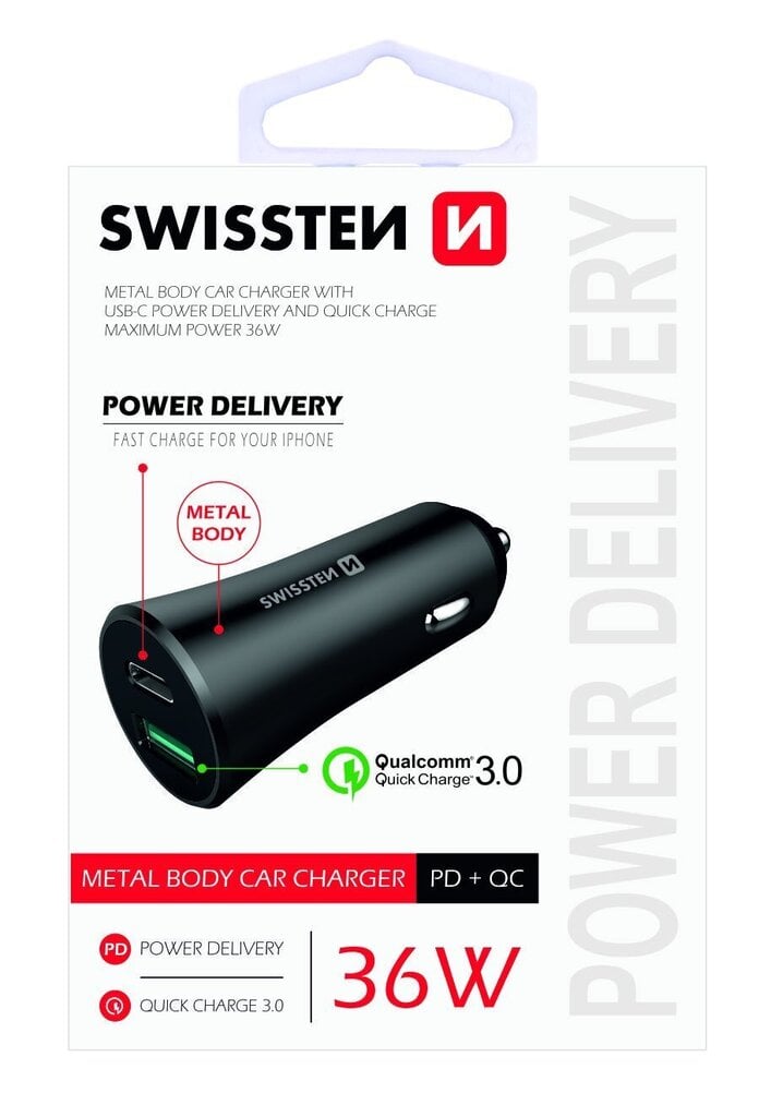 Swissten Metal Car Charger Adapter with Power Delivery USB-C + Quick Charge 3.0 / 36W / Black hinta ja tiedot | Puhelimen laturit | hobbyhall.fi