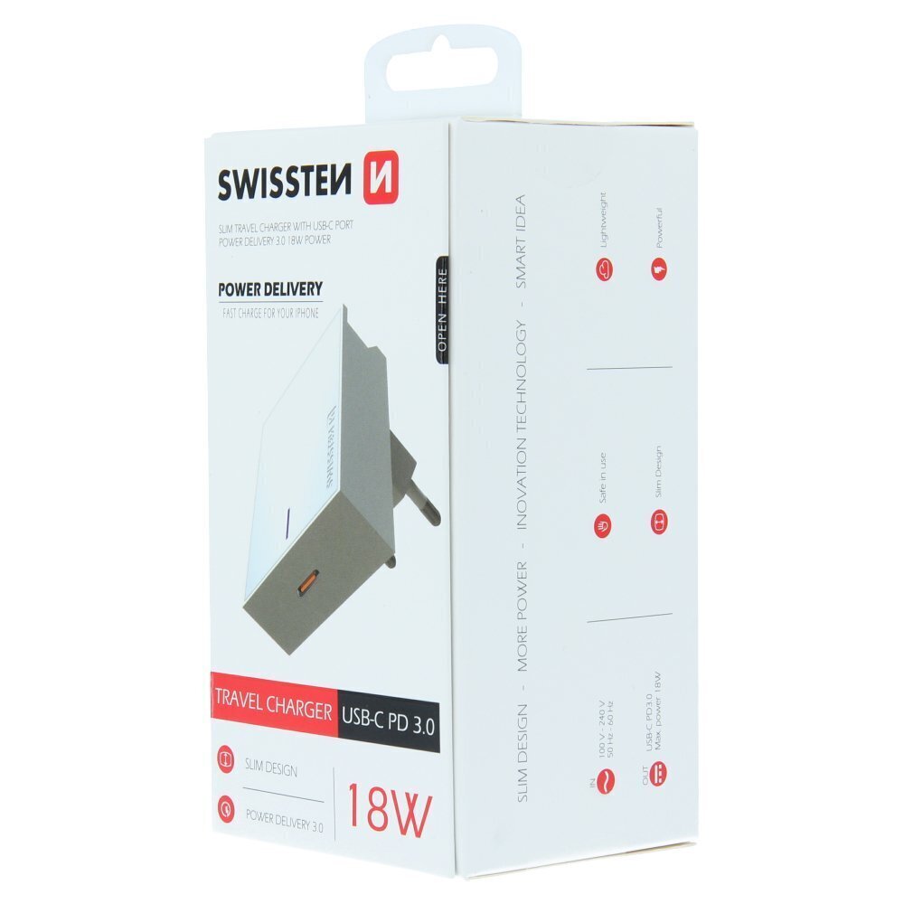 Swissten Premium 18W Travel Charger USB-C PD 3.0: 5V / 3A / 9V / 2A, 12V / 1.5A White hinta ja tiedot | Puhelimen laturit | hobbyhall.fi