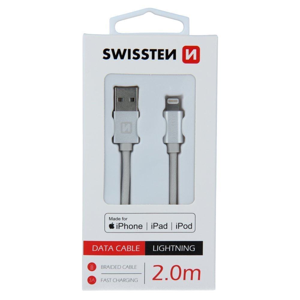 Swissten (MFI) Textile Fast Charge 3A Lightning (MD818ZM/A) Data and Charging Cable 2.0m Silver hinta ja tiedot | Kaapelit ja adapterit | hobbyhall.fi