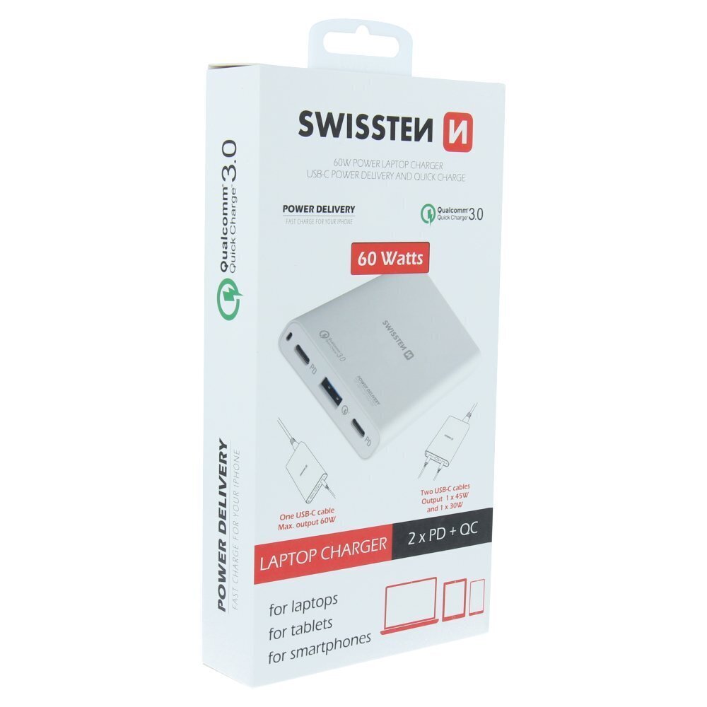 Swissten Travel Charger kannettavat tietokoneet ja MacBook / 60W / PD3.0 / QC3.0 / PPS / valkoinen hinta ja tiedot | Varavirtalähteet | hobbyhall.fi