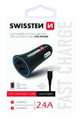Swissten Premium Car charger 12 / 24V / 1A + 2.1A + Lightning Data Cable 100 cm Black hinta ja tiedot | Puhelimen laturit | hobbyhall.fi