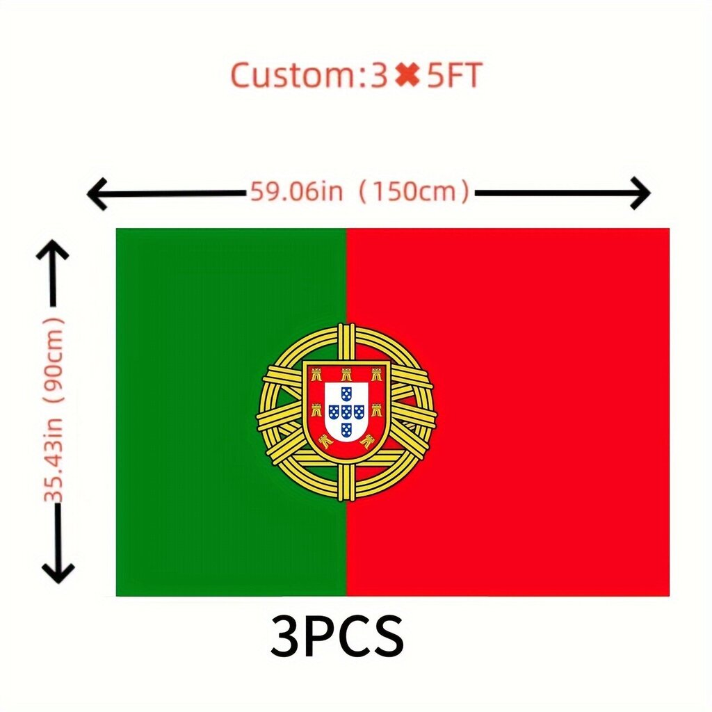 3-Pakkaus Portugalin Kansallisliput - Kestävä Polyesteri, 152.4x91.44 cm hinta ja tiedot | Liput | hobbyhall.fi