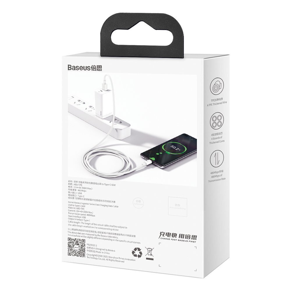 Kaapeli Baseus USB - USB Type C Power Delivery Quick Charge 66 W 6 A 1 m CATYS-02 hinta ja tiedot | Puhelinkaapelit | hobbyhall.fi