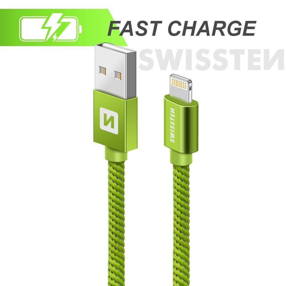 Swissten Textile Fast Charge 3A Lighthing (MD818ZM/A) Data and Charging Cable 2m Green hinta ja tiedot | Kaapelit ja adapterit | hobbyhall.fi