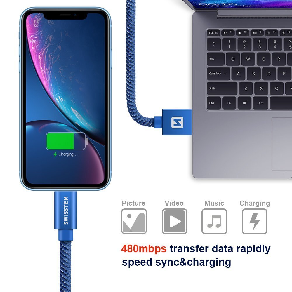 Swissten Textile Fast Charge 3A Lighthing (MD818ZM/A) Data and Charging Cable 2m Blue hinta ja tiedot | Kaapelit ja adapterit | hobbyhall.fi