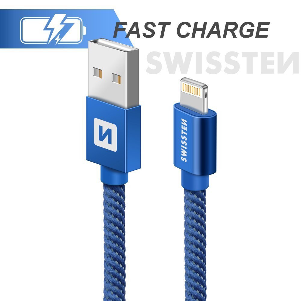 Swissten Textile Fast Charge 3A Lighthing (MD818ZM/A) Data and Charging Cable 2m Blue hinta ja tiedot | Kaapelit ja adapterit | hobbyhall.fi