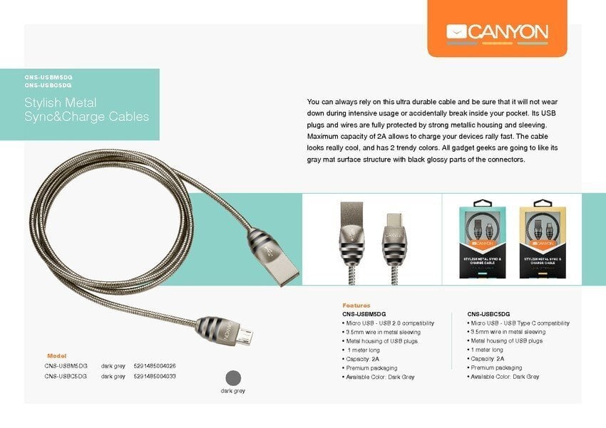 Canyon Type C USB 2.0 hinta ja tiedot | Kaapelit ja adapterit | hobbyhall.fi