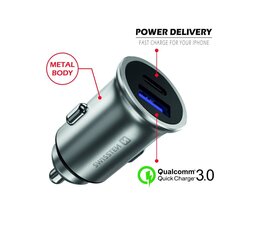 Swissten 36W Metal Car Charger Adapter with Power Delivery USB-C + Quick Charge 3.0 / Silver hinta ja tiedot | Puhelimen laturit | hobbyhall.fi