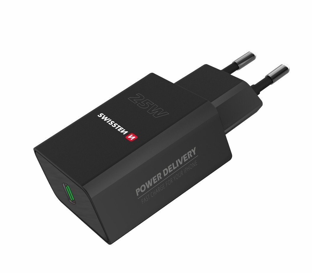 Swissten Premium 25 W matkalaturi USB-C PD 3.0, musta hinta ja tiedot | Puhelimen laturit | hobbyhall.fi