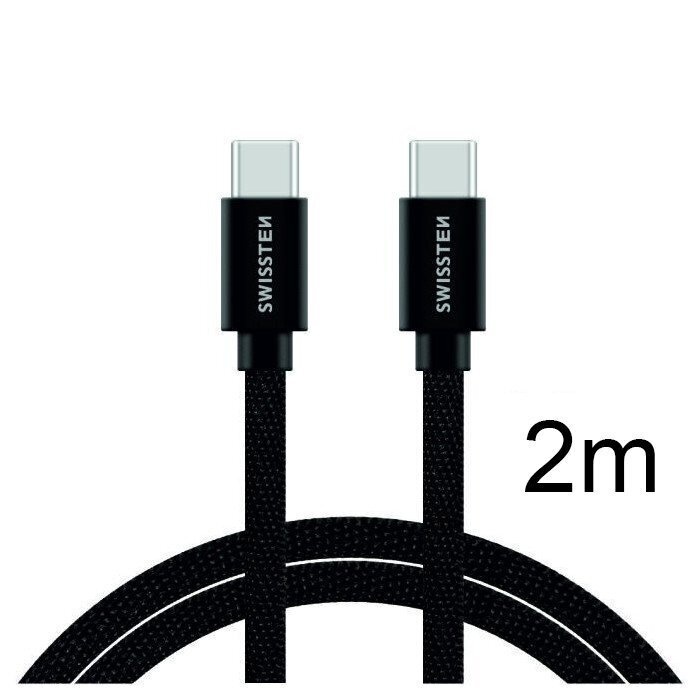 Swissten Textile Universal Quick Charge 3.1 USB-C to USB-C Data and Charging Cable 2m Black hinta ja tiedot | Puhelinkaapelit | hobbyhall.fi