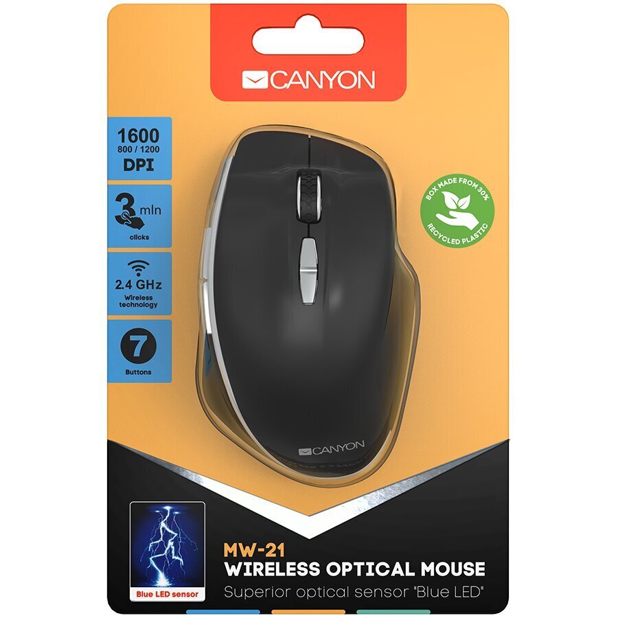 Canyon 2.4 GHz Wireless mouse ,with 7 buttons, DPI 800/1200/1600, Battery: AAA*2pcs,Black,72*117*41mm, 0.075kg hinta ja tiedot | Hiiret | hobbyhall.fi