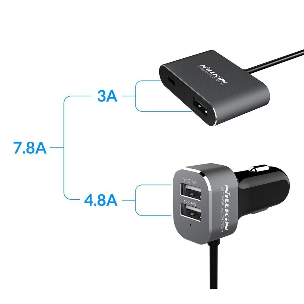 Nillkin PowerShare 3xUSB 1x USB Type-C 7.8A QC 3.0 -autolaturi 2m kaapelilla hinta ja tiedot | Puhelimen laturit | hobbyhall.fi
