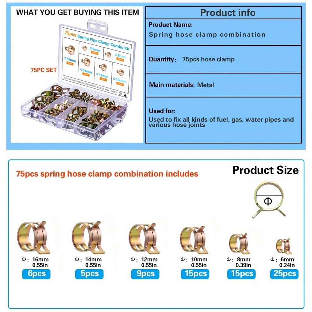 ASKWAY 75 kpl Jousiletkukiristinsarja - Metallinauha ja Letkuliittimet Ajoneuvo Polttoaine, Kaasu &amp; Vesiputkiliitoksille hinta ja tiedot | Puutarhaletkut, kastelukannut ja muut kastelutarvikkeet | hobbyhall.fi