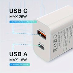 Kaksipaikkainen USB-C seinälaturi, 25W PD ja 18W pikalataus. hinta ja tiedot | Puhelimen laturit | hobbyhall.fi