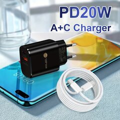 20W USB A+C Pikalaturi Seinäpistoke ja Nailonpunottu Type C Kaapeli hinta ja tiedot | Puhelimen laturit | hobbyhall.fi