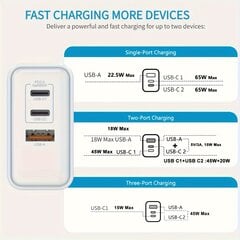 1kpl 65W USB C Laturi, 3-Portti PD3.0/QC4.0 GaN-nopea Adapteri. hinta ja tiedot | Puhelimen laturit | hobbyhall.fi