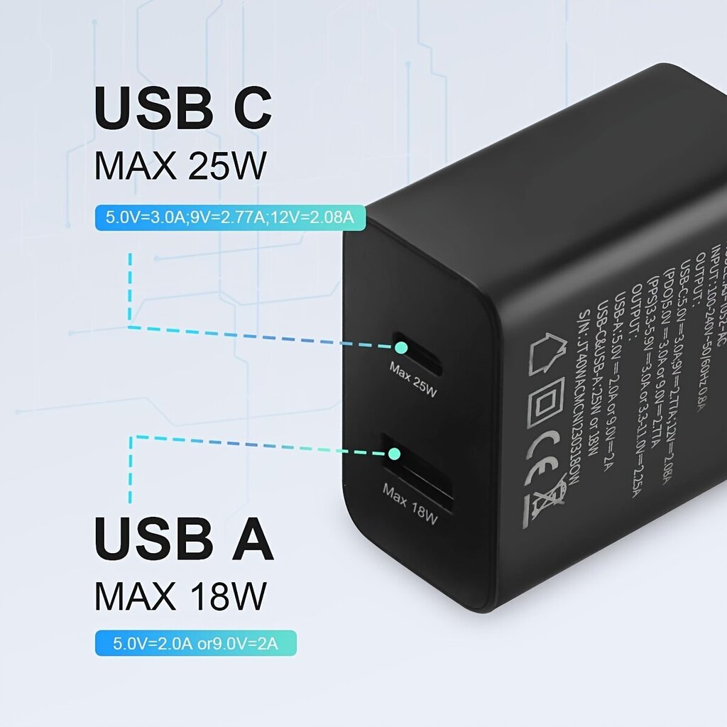 USB-C Seinälaturi, 25W+18W Kaksoisportti PD Pikalatausadapteri iPhoneille - Musta hinta ja tiedot | Puhelimen laturit | hobbyhall.fi