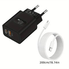 40W Kaksipaikkainen USB-C Seinälaturi PD 3.0 &amp; QC 4.0, Nopea Latausadapteri, 2M Nailonipunoskaapeli Samsung/IPhone 15/iPad varten hinta ja tiedot | Puhelimen laturit | hobbyhall.fi