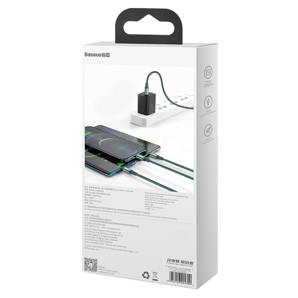 Baseus Rapid 3in1 USB Type C - USB Type C / Lightning / micro USB -kaapeli 20 W 1,5 m Vihreä (CAMLT-SC06) hinta ja tiedot | Puhelinkaapelit | hobbyhall.fi