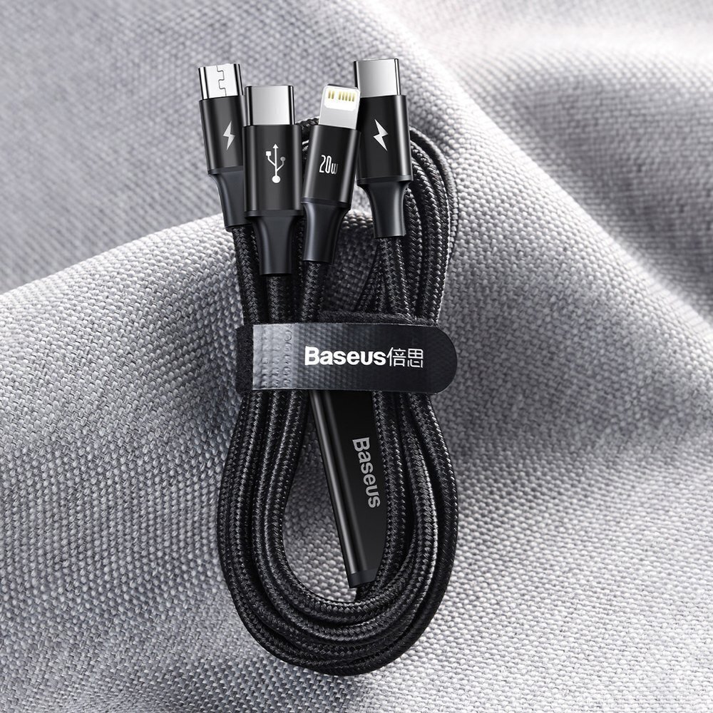 Baseus Rapid 3in1 USB Type C - USB Type C / Lightning / micro USB -kaapeli 20 W 1,5 m Vihreä (CAMLT-SC06) hinta ja tiedot | Puhelinkaapelit | hobbyhall.fi