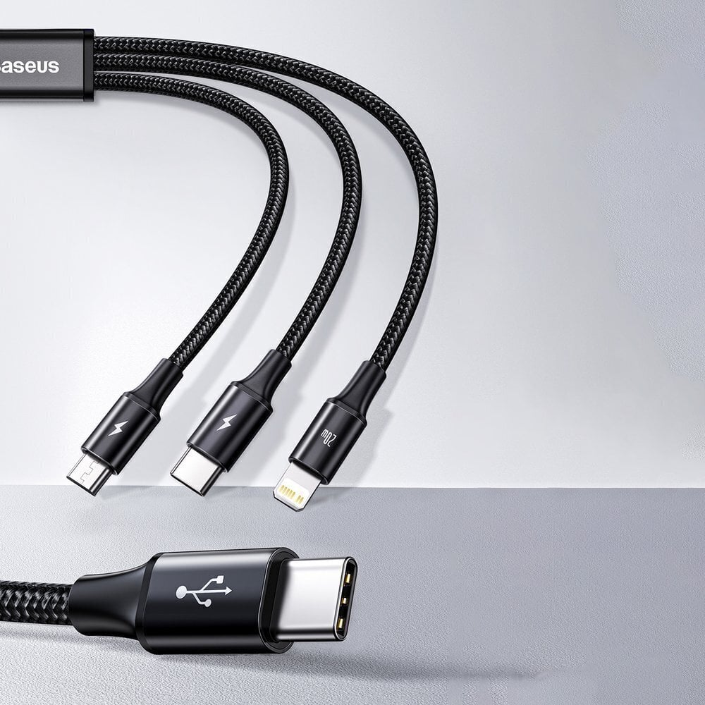 Baseus Rapid 3in1 USB Type C - USB Type C / Lightning / micro USB -kaapeli 20 W 1,5 m Vihreä (CAMLT-SC06) hinta ja tiedot | Puhelinkaapelit | hobbyhall.fi