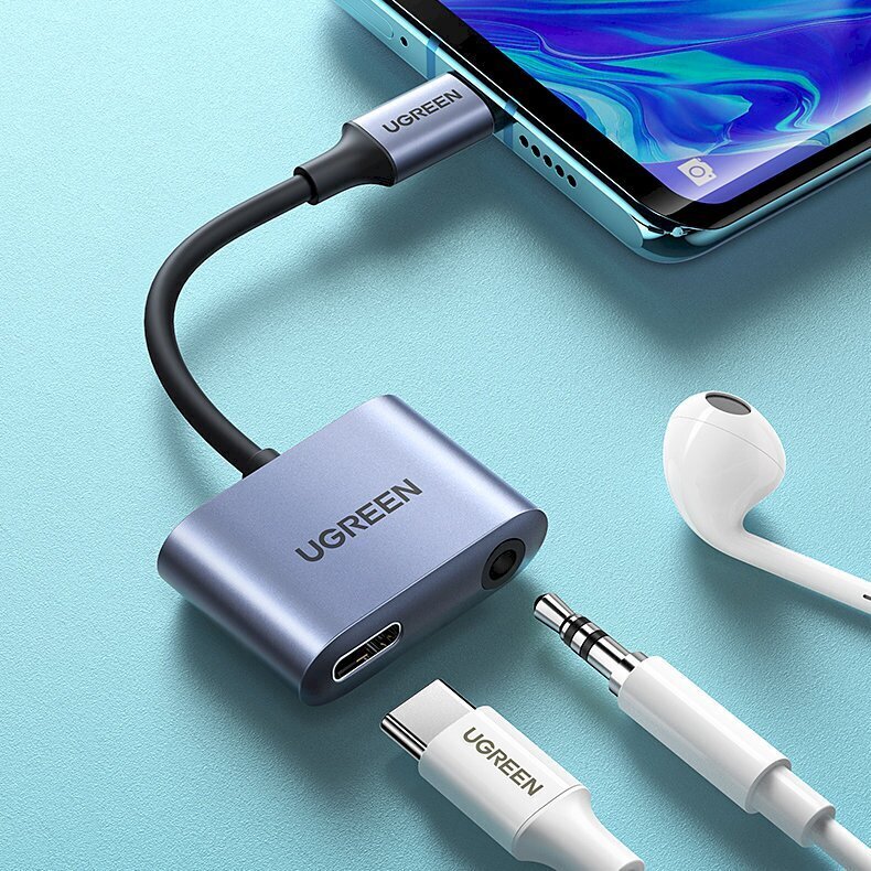 Ugreen audioadapteri C-tyyppi USB (urosliitäntä) - C-tyypin USB PD QC (naarasliitäntä) + 3,5 mm Mini Plug (naarasliitäntä) harmaa (CM231) hinta ja tiedot | Puhelinkaapelit | hobbyhall.fi