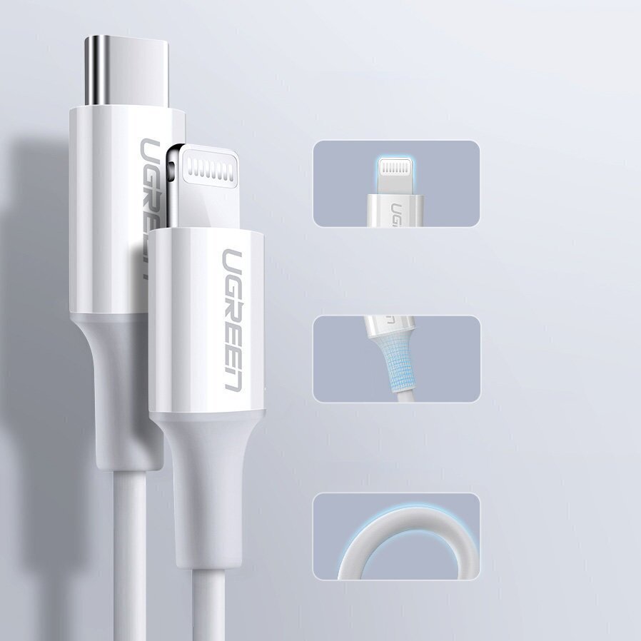 Ugreen MFi-sertifioitu USB-C-Lightning-kaapeli, 3 A, 0,5 m, valkoinen (US171) hinta ja tiedot | Puhelinkaapelit | hobbyhall.fi