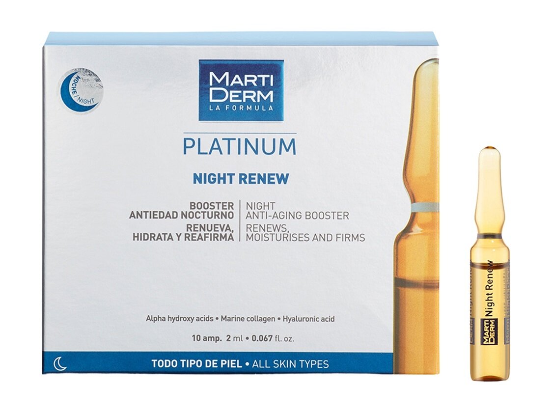 yöihonhoito seerumiampullit hyaluronihapolla martiderm platinum night renew, 10x2 ml hinta ja tiedot | Kasvoöljyt ja seerumit | hobbyhall.fi