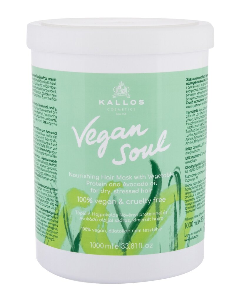 Hiusnaamio kuiville hiuksille ja herkälle päänahalle Kallos Vegan Soul Nourishing Mask 1000ml hinta ja tiedot | Naamiot, öljyt ja seerumit | hobbyhall.fi