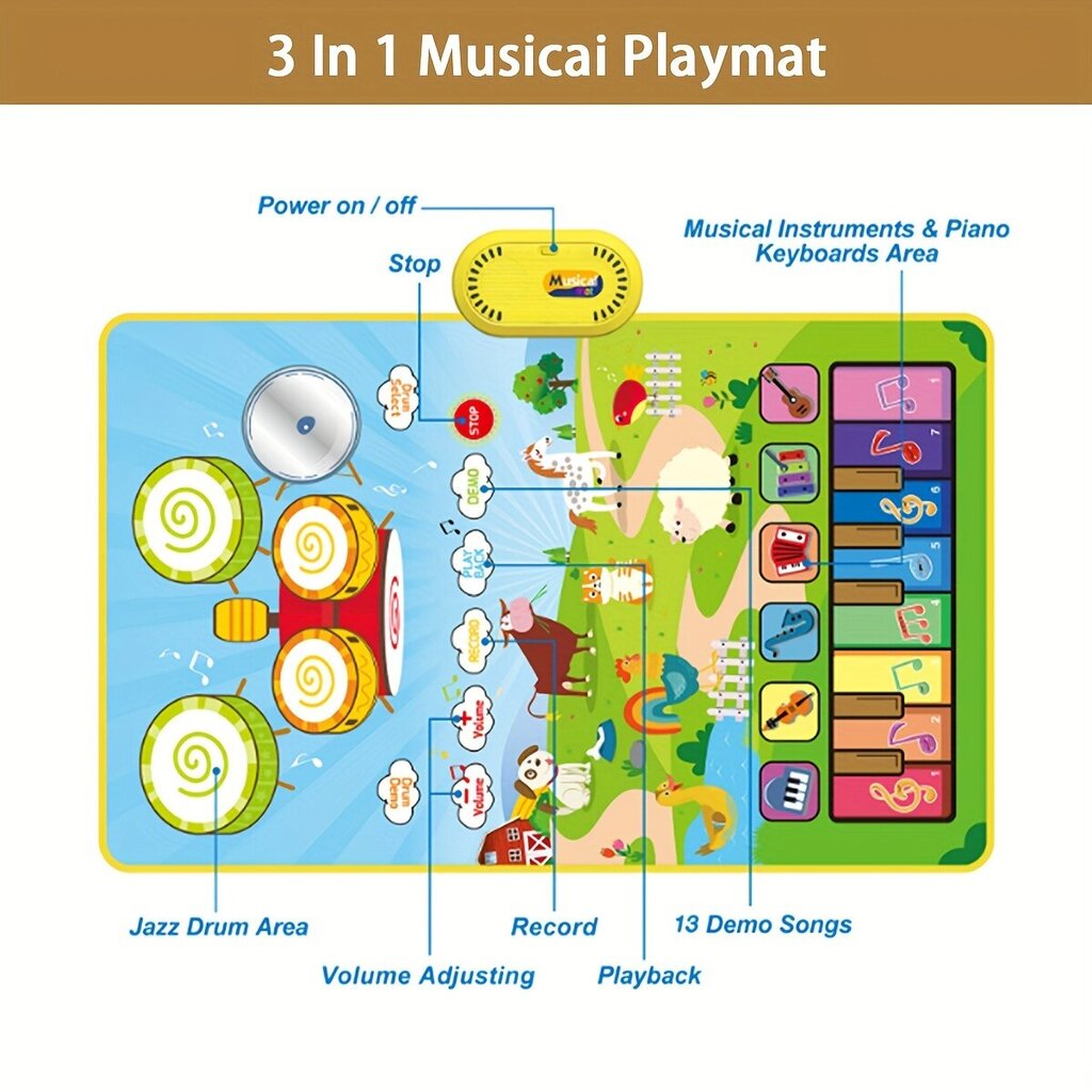 3 in 1 Musiikki Sensory Leikkimatto, Lasten Piano Kosketusrumpu Matto hinta ja tiedot | Soittimien lisätarvikkeet | hobbyhall.fi