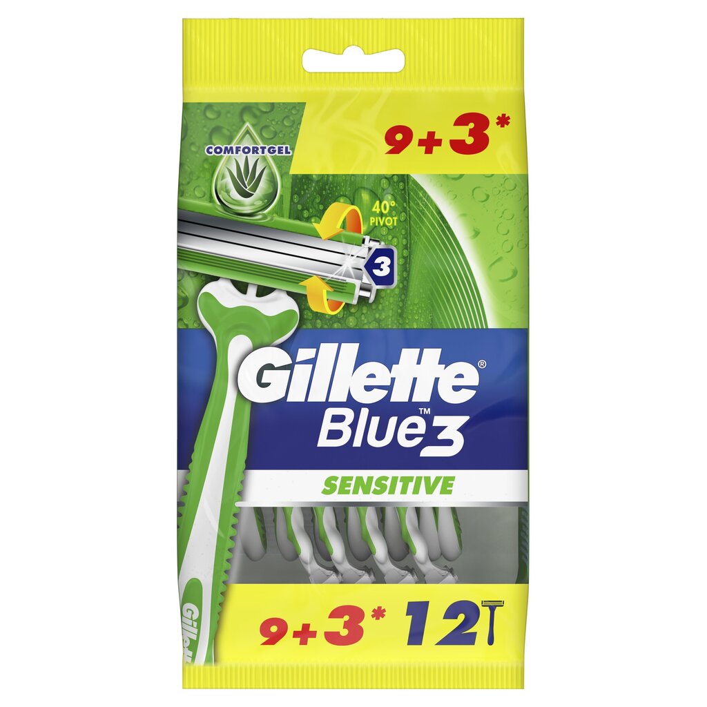 Gillette Blue3 Sensitive miesten yksinkertainen parranajo terät, 9+3 Kpl hinta ja tiedot | Parranajo ja karvanpoisto | hobbyhall.fi