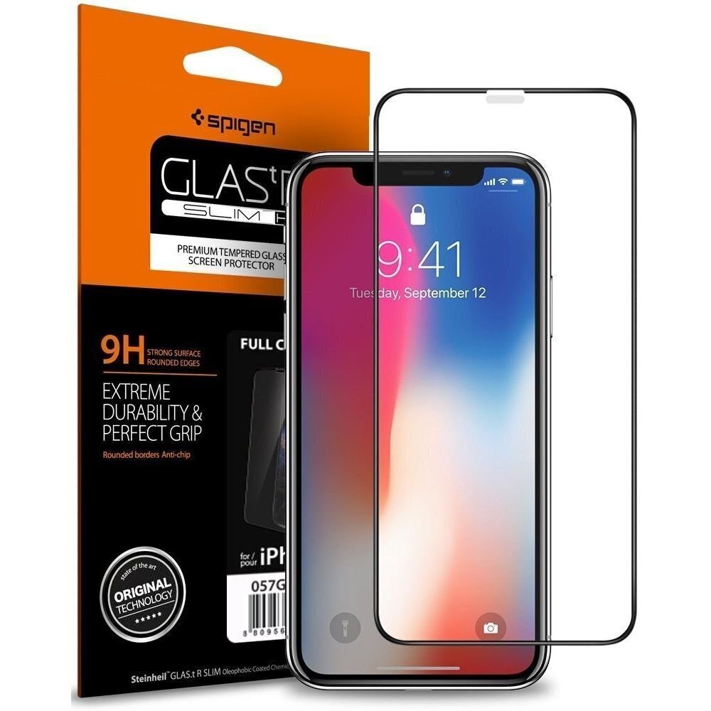 iPhone XI, iPhone XS ,iPhone X näytönsuoja Spigen Glass, musta hinta ja tiedot | Näytönsuojakalvot ja -lasit | hobbyhall.fi