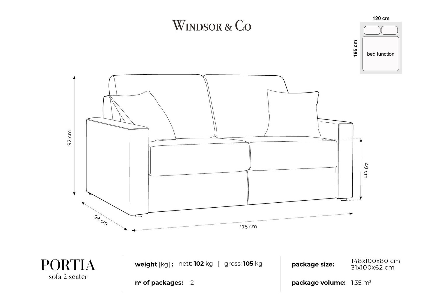 Windsor & Co Portia 2, tummansininen sohva hinta ja tiedot | Sohvat ja vuodesohvat | hobbyhall.fi