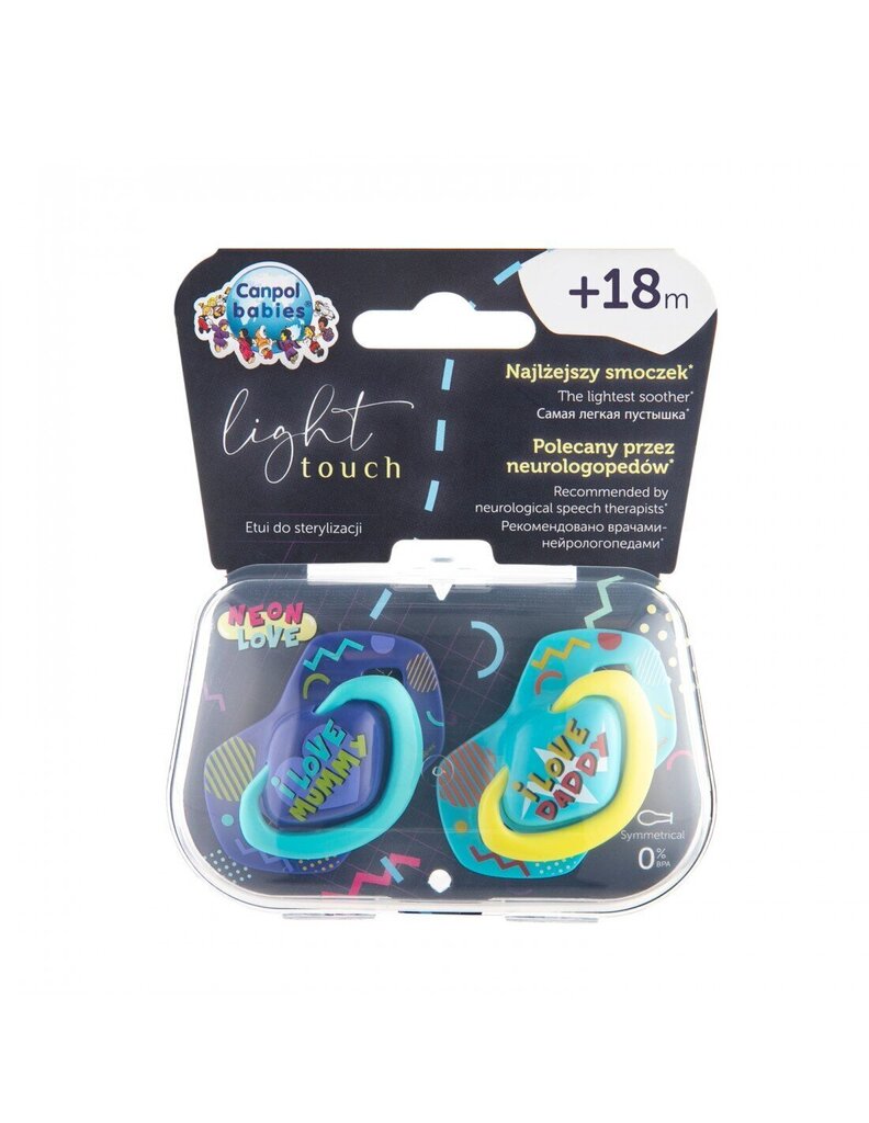 Symmetrinen silikonitutti Canpol Babies Neon Love, 18 kk +, 2 kpl, 22/654, sininen hinta ja tiedot | Tutit | hobbyhall.fi