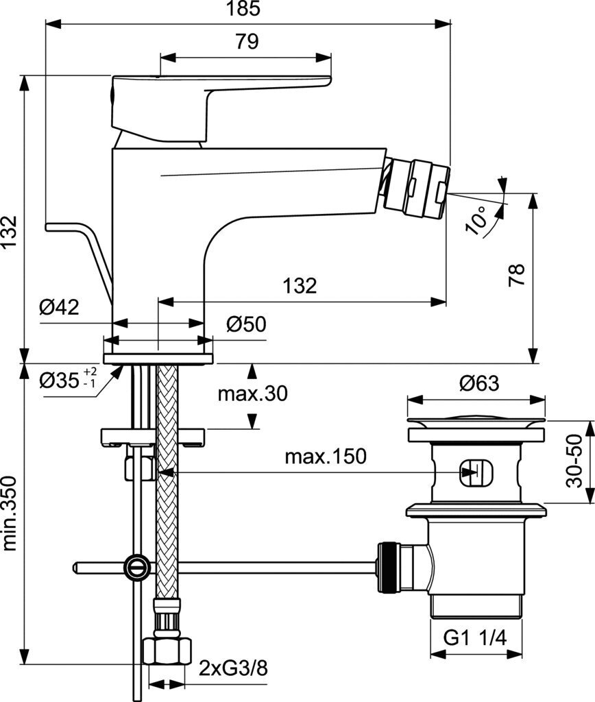 Bideesekoitin pohjaventtiilillä Ideal Standard Cerafine O, mattamusta, BC705XG hinta ja tiedot | Suihkupäät ja tarvikkeet | hobbyhall.fi