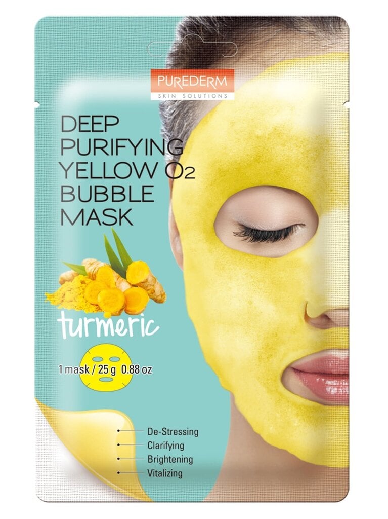 Purederm Deep Purifying Yellow O2 Bubble Yellow root - Vaahtoava kangasnaamio syväpuhdistukseen. Tuotteen paino on 25 g. hinta ja tiedot | Kasvonaamiot ja silmänalusaamiot | hobbyhall.fi