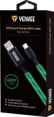 Valaistu (LED) kaapeli YENKEE, 2.0 USB A - USB-C, 480 Mbps, 5V/3A, 15W, 1m, vihreä hinta ja tiedot | Puhelinkaapelit | hobbyhall.fi