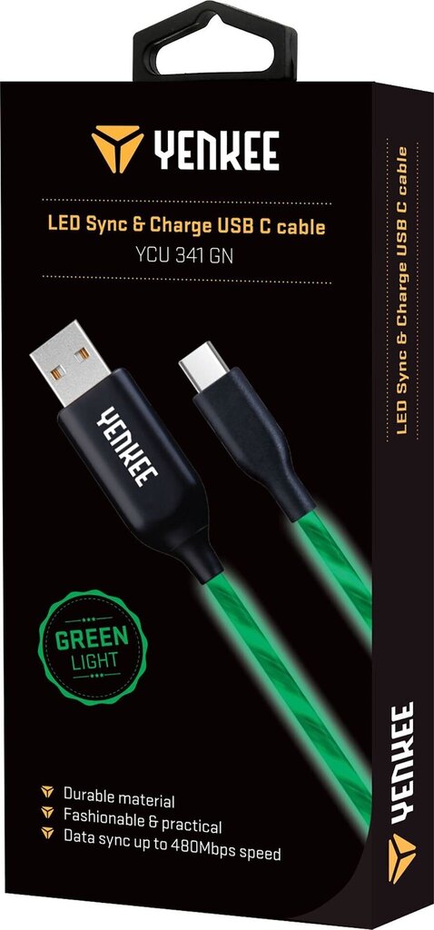 Valaistu (LED) kaapeli YENKEE, 2.0 USB A - USB-C, 480 Mbps, 5V/3A, 15W, 1m, vihreä hinta ja tiedot | Puhelinkaapelit | hobbyhall.fi