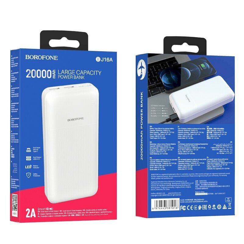 Ulkoinen akku Power Bank Borofone BJ16A 2xUSB + Type-C 20000mAh valkoinen hinta ja tiedot | Varavirtalähteet | hobbyhall.fi