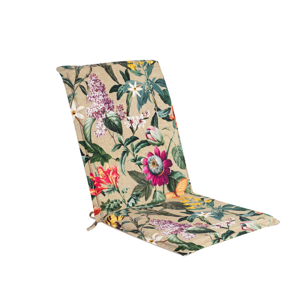 Tuolinpäällinen selkänojalla AMAZONIA 42x90x3cm, "Java"-tyyppinen tuoli röyhelöillä, kukkia beigellä pohjalla, 50% polyesteriä / 50% puuvillaa hinta ja tiedot | Istuintyynyt, pehmusteet ja päälliset | hobbyhall.fi
