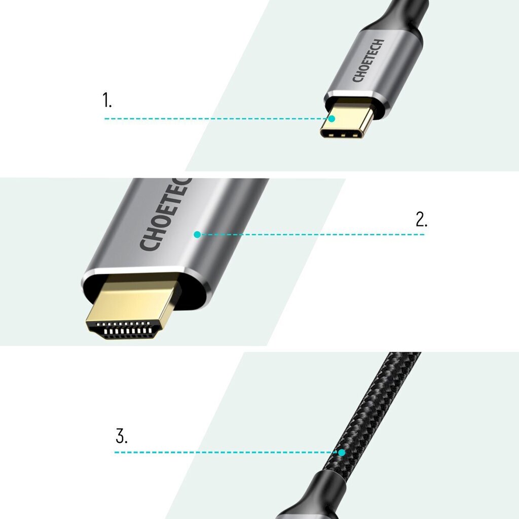 Choetech Kit -sovitin HUB USB Type C - HDMI 2.0 (3840 x 2160 @ 60Hz) harmaa (HUB-H12) + USB-kaapeli Type C - HDMI (3840 x 2160 @ 60Hz) 2m harmaa (CH0021) hinta ja tiedot | Puhelinkaapelit | hobbyhall.fi