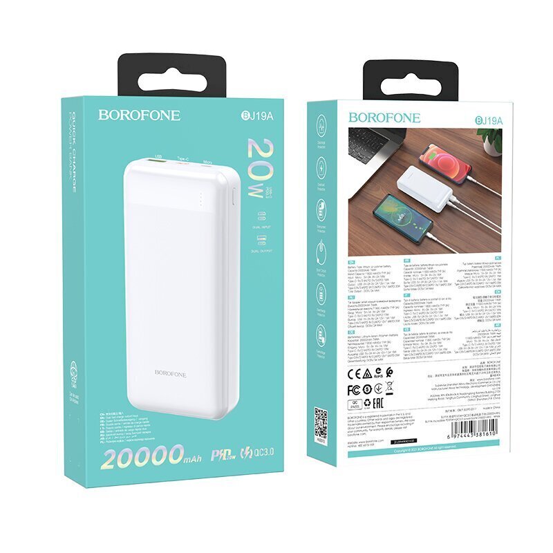 Borofone BJ19A USKOMATON tehopankki 20000 mAh/2 x USB valkoinen. hinta ja tiedot | Varavirtalähteet | hobbyhall.fi