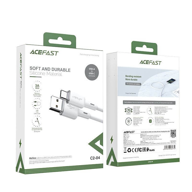 Acefast USB - USB Tyyppi C kaapeli, 1,2m, 3A valkoinen (C2-04 valkoinen) hinta ja tiedot | Puhelinkaapelit | hobbyhall.fi