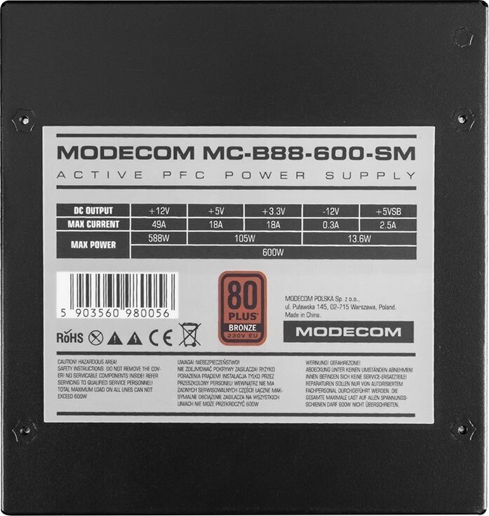 Modecom ZAS-MC-B88-600-ATX-SM hinta ja tiedot | Virtalähteet | hobbyhall.fi
