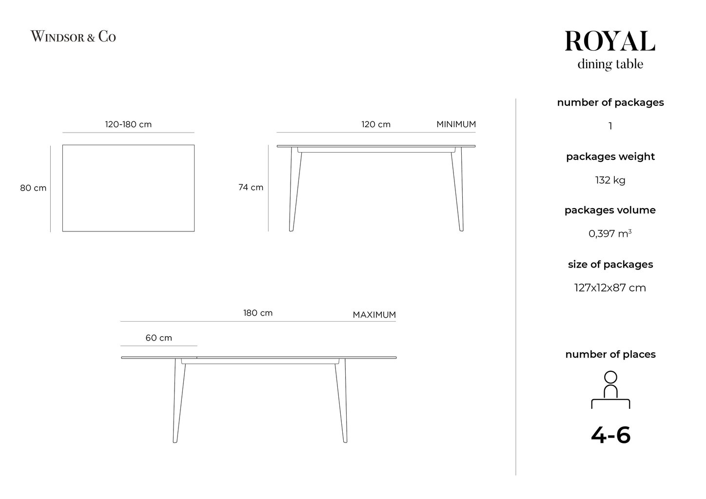 Laajennettava pöytä Windsor & Co Royal, 120x80 cm, ruskea. hinta ja tiedot | Ruokapöydät | hobbyhall.fi